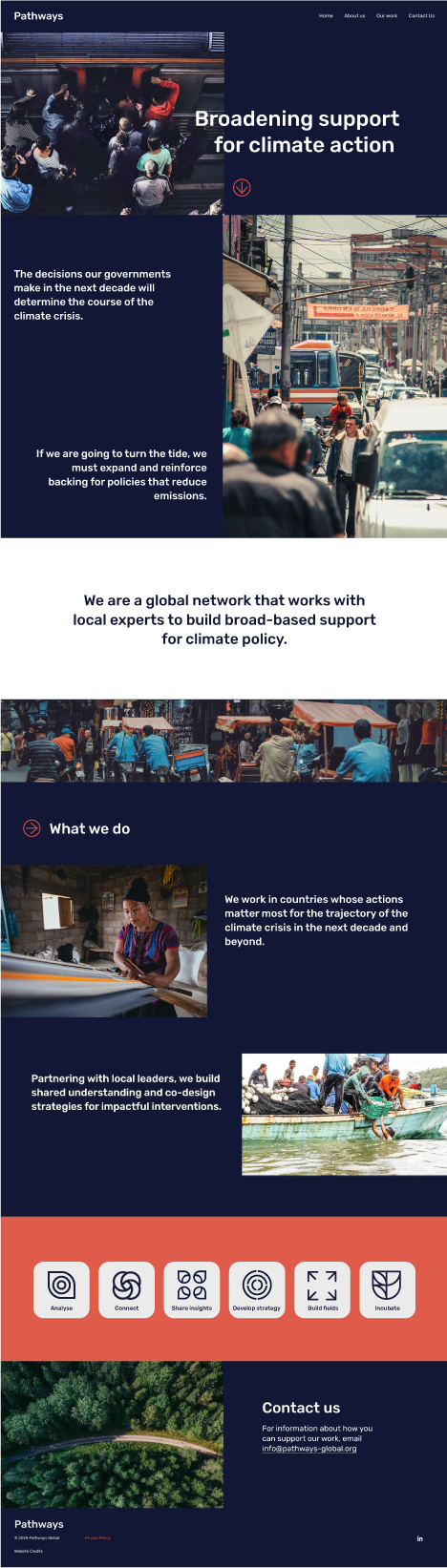 Website homepage for Pathways, focused on climate action support, featuring images of street scenes with people, cars, and markets, and icons representing analysis, connection, sharing insights, developing strategy, building fields, and incubate.
