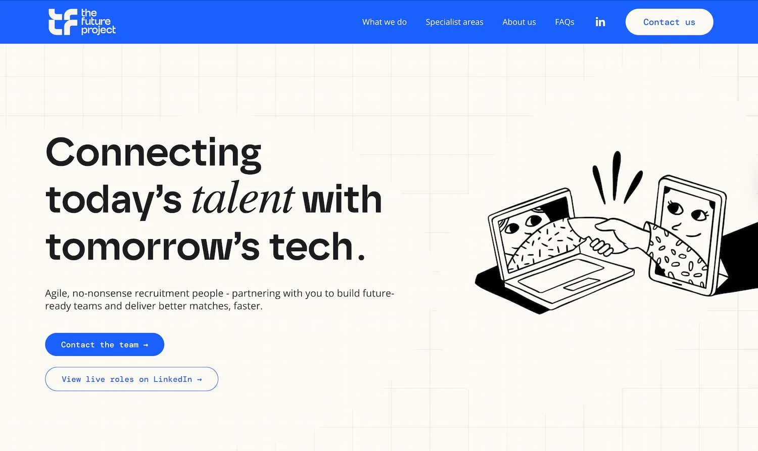 homepage hero section for tech recruitment agency, The Future Project