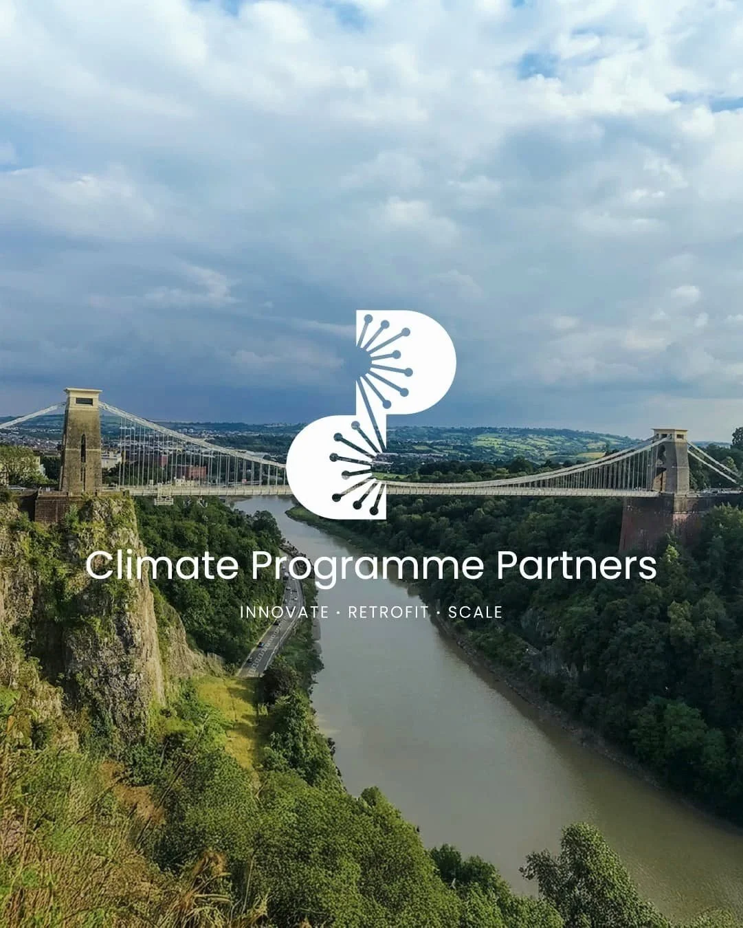 A bridge over a river with green hills in the background, overlaid with a logo of a stylized tree and the text 'Climate Programme Partners' and 'Innovate, Retrofit, Scale'.