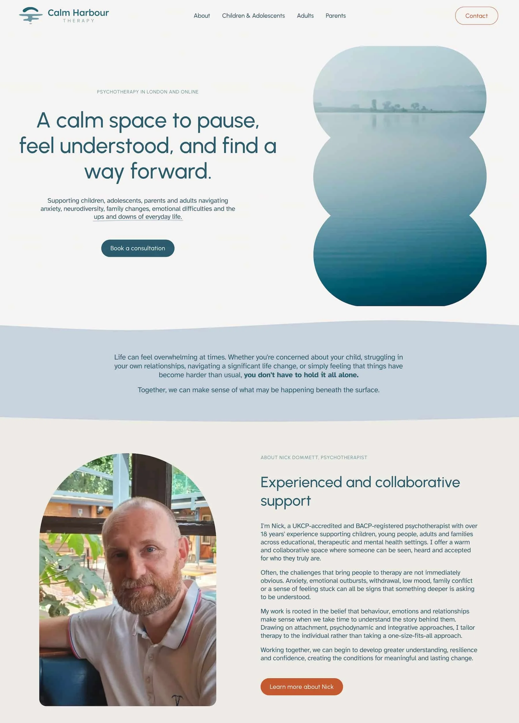 Homepage hero section for Calm Harbour Therapy, child and adult psychotherapy practice London