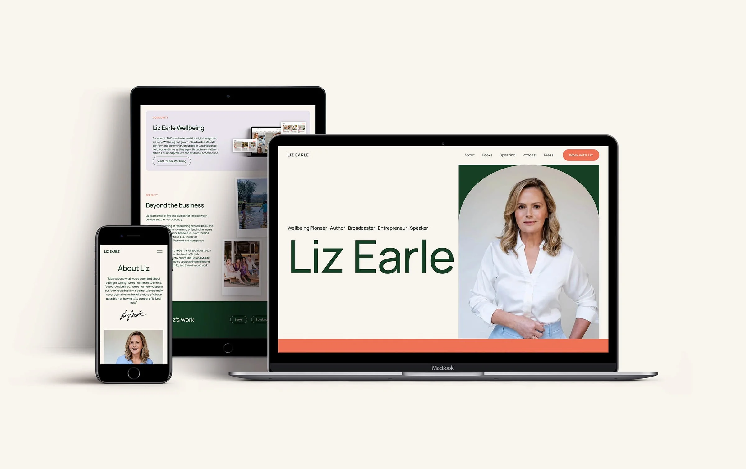 Mockup of Liz Earle's website on a laptop, iphone and ipad