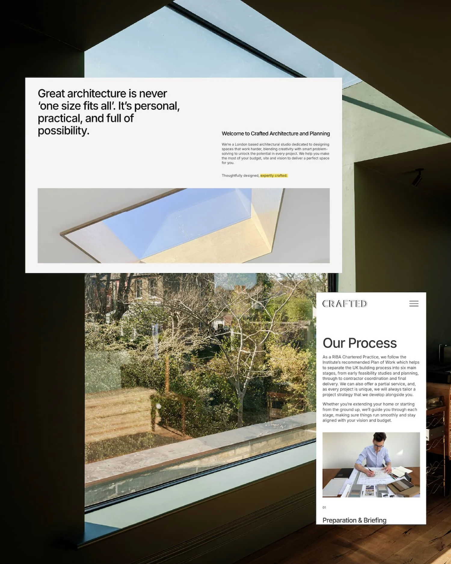 crafted website screenshot of homepage section and process page mobile view