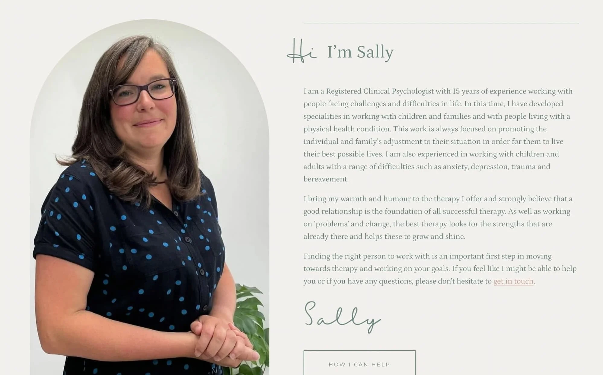 Screenshot from the About page on Sally Pugh's website