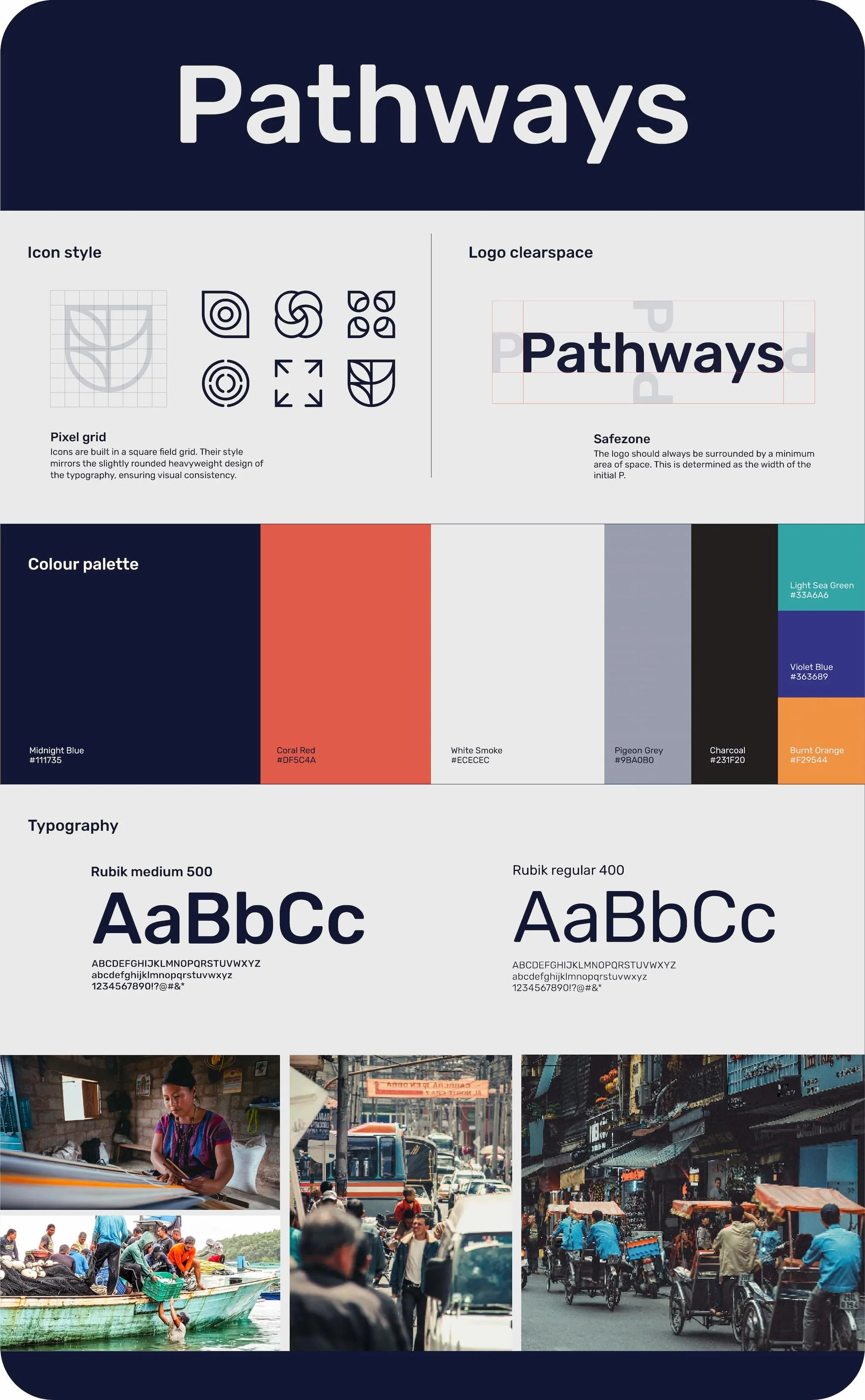 A design board titled 'Pathways' displaying logo style guidelines, color palette, typography options, and photos of urban street scenes, including people and vehicles.