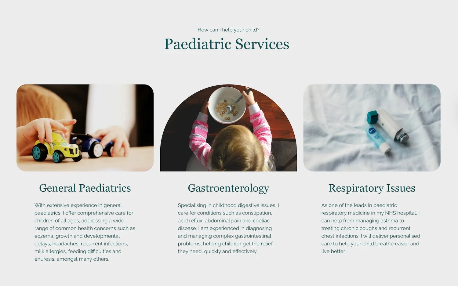 Homepage Services section for paediatrician's website