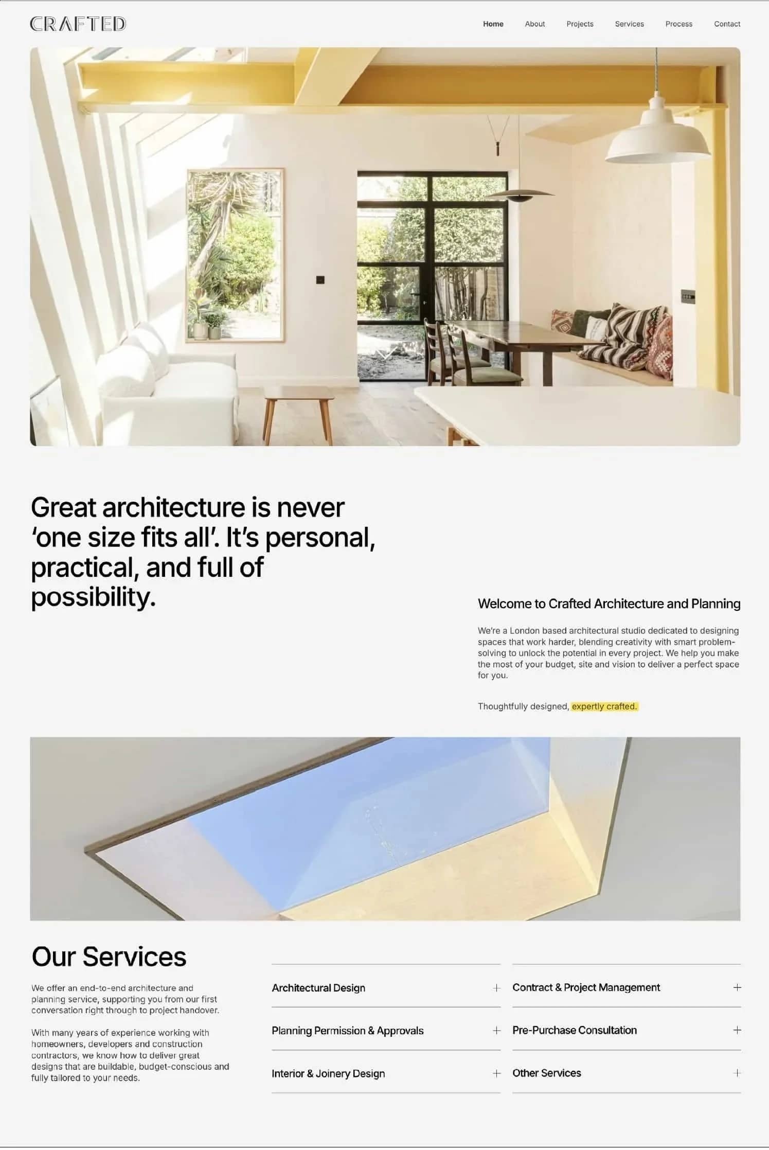 Homepage hero section for Crafted Architecture and Planning