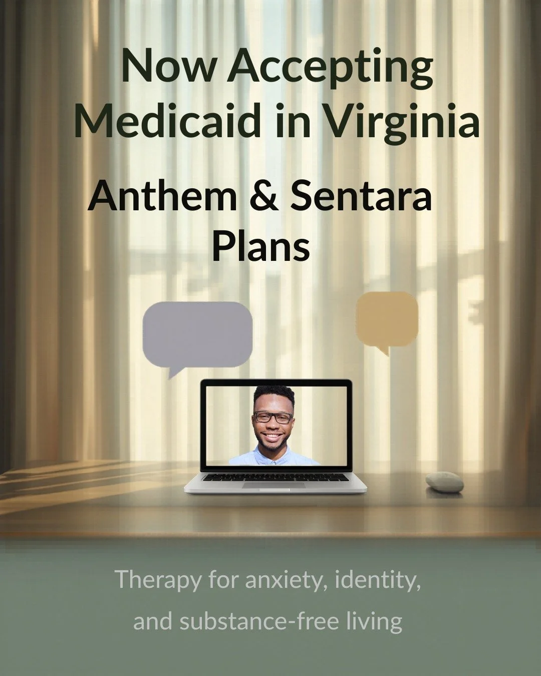 Big update from Authentic Counseling &amp; Care, PLLC 

I&rsquo;m now accepting Medicaid plans through Anthem and Sentara in Virginia! If cost or insurance has been a barrier to starting therapy, this could be a great opportunity to get support. I wo