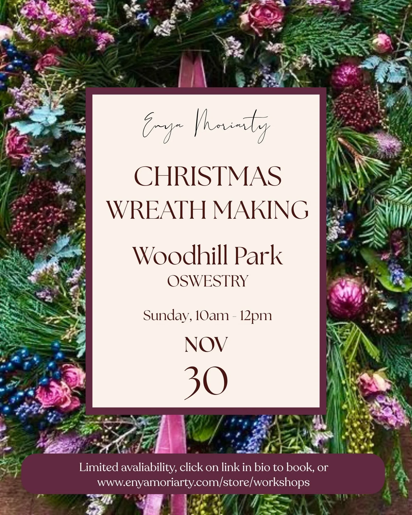 🎄 Begin the festive season with a creative session of Christmas wreath making, in this hands-on workshop. With guidance from Enya, you&rsquo;ll learn how to design a beautiful wreath using fresh greenery, seasonal foliage, and festive decorations.

