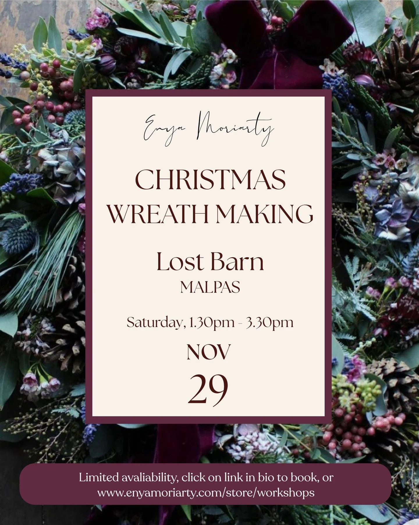 🎄 Begin the festive season with a creative session of Christmas wreath making, in this hands-on workshop. With guidance from Enya, you&rsquo;ll learn how to design a beautiful wreath using fresh greenery, seasonal foliage, and festive decorations.

