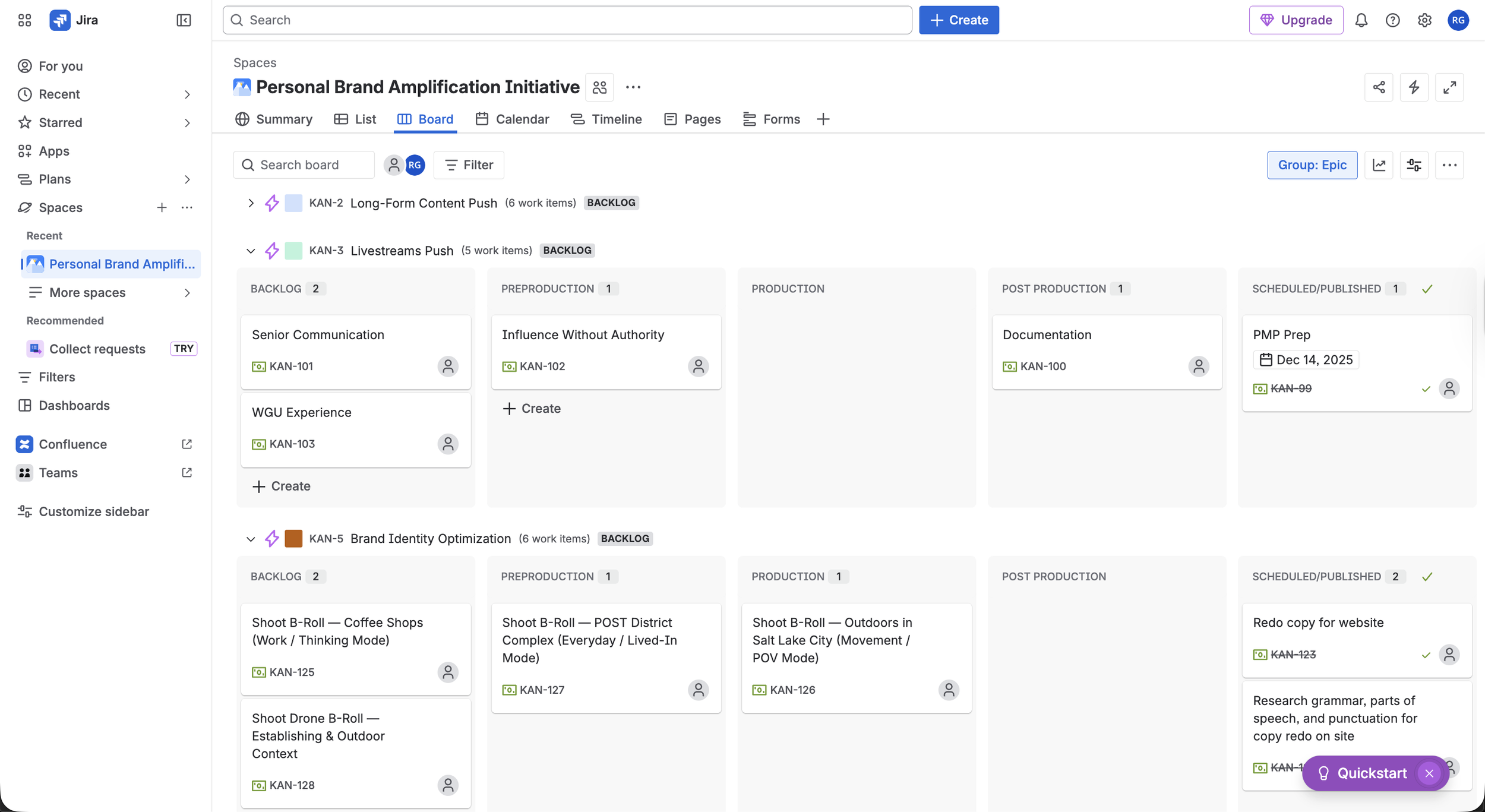 Screenshot of a project management dashboard in Jira with various columns and tasks related to a personal brand amplification initiative, including backlog, preproduction, production, post-production, and scheduled/published stages.