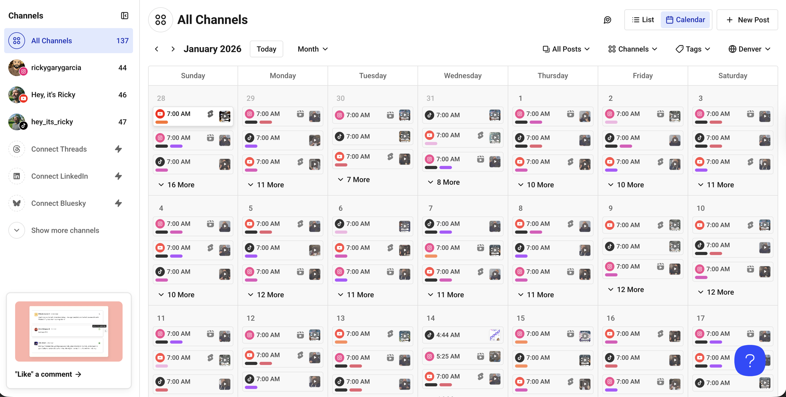 Screenshot of a social media content calendar for January 2026, showing scheduled posts on various platforms including YouTube, TikTok, and Instagram across multiple days.