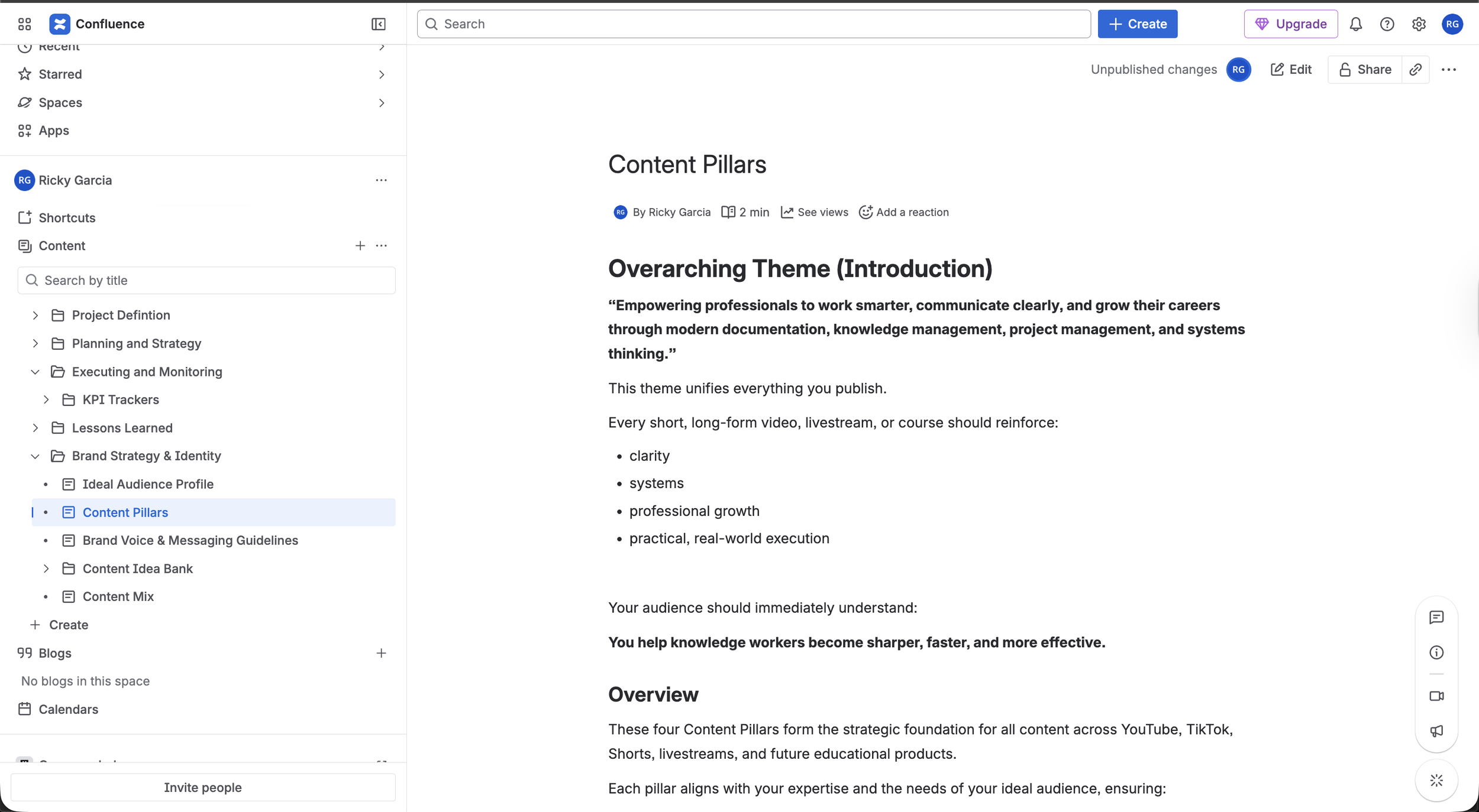 Screenshot of a digital workspace with a sidebar on the left showing folders and pages, including 'Content Pillars' selected, and the main content area displaying a document titled 'Content Pillars' with an introduction and overview text.
