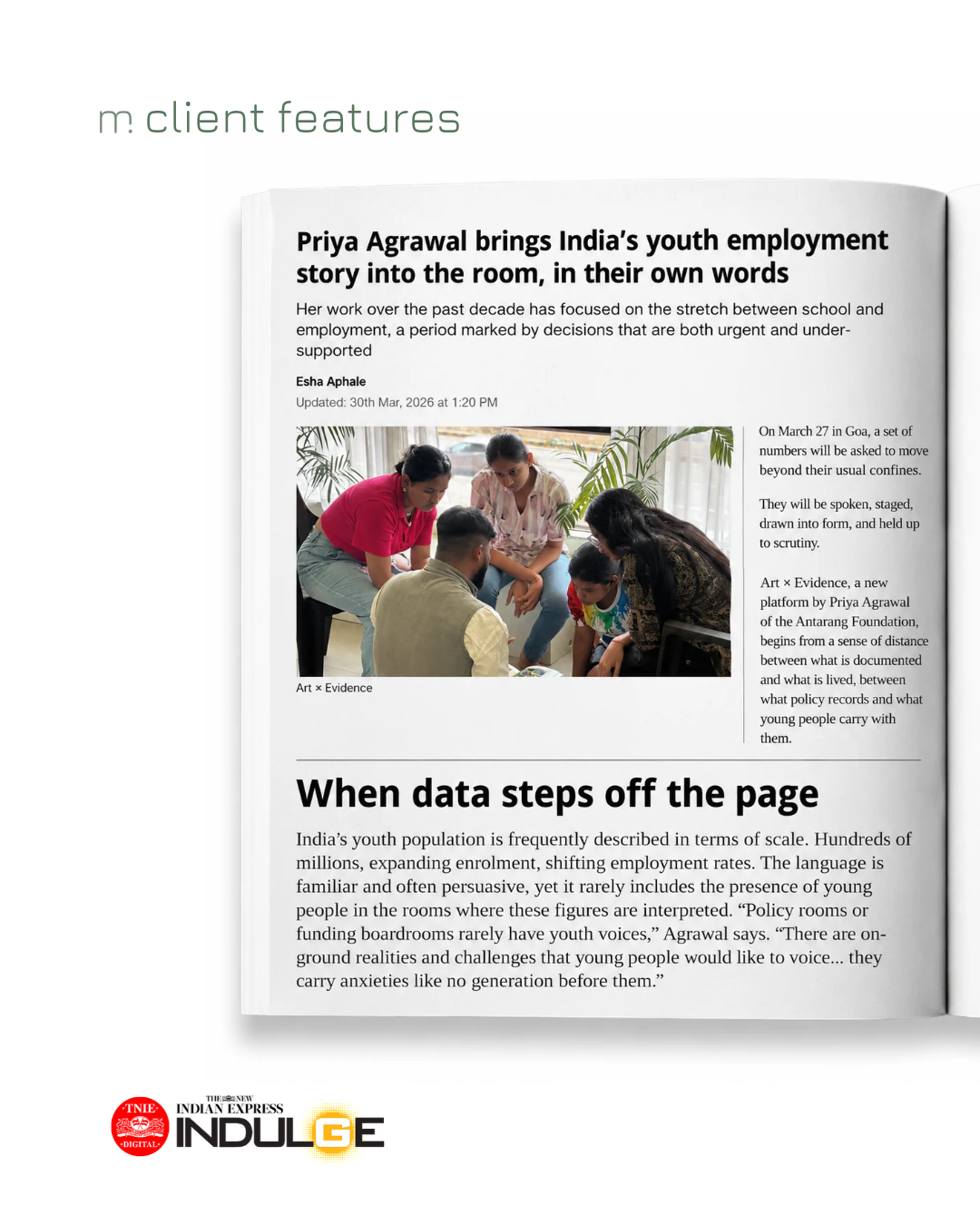 Page from a publication featuring a headline about Priya Agrawal and India's youth employment story, a photo of five people discussing, and logos of India Express and Indulge at the bottom.