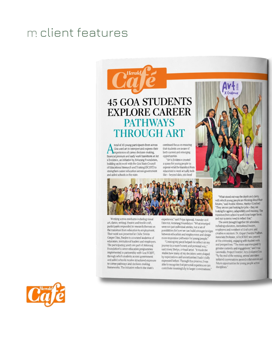 Open magazine page featuring an article about Goa students exploring careers through art, with two group photos of students and mentors.