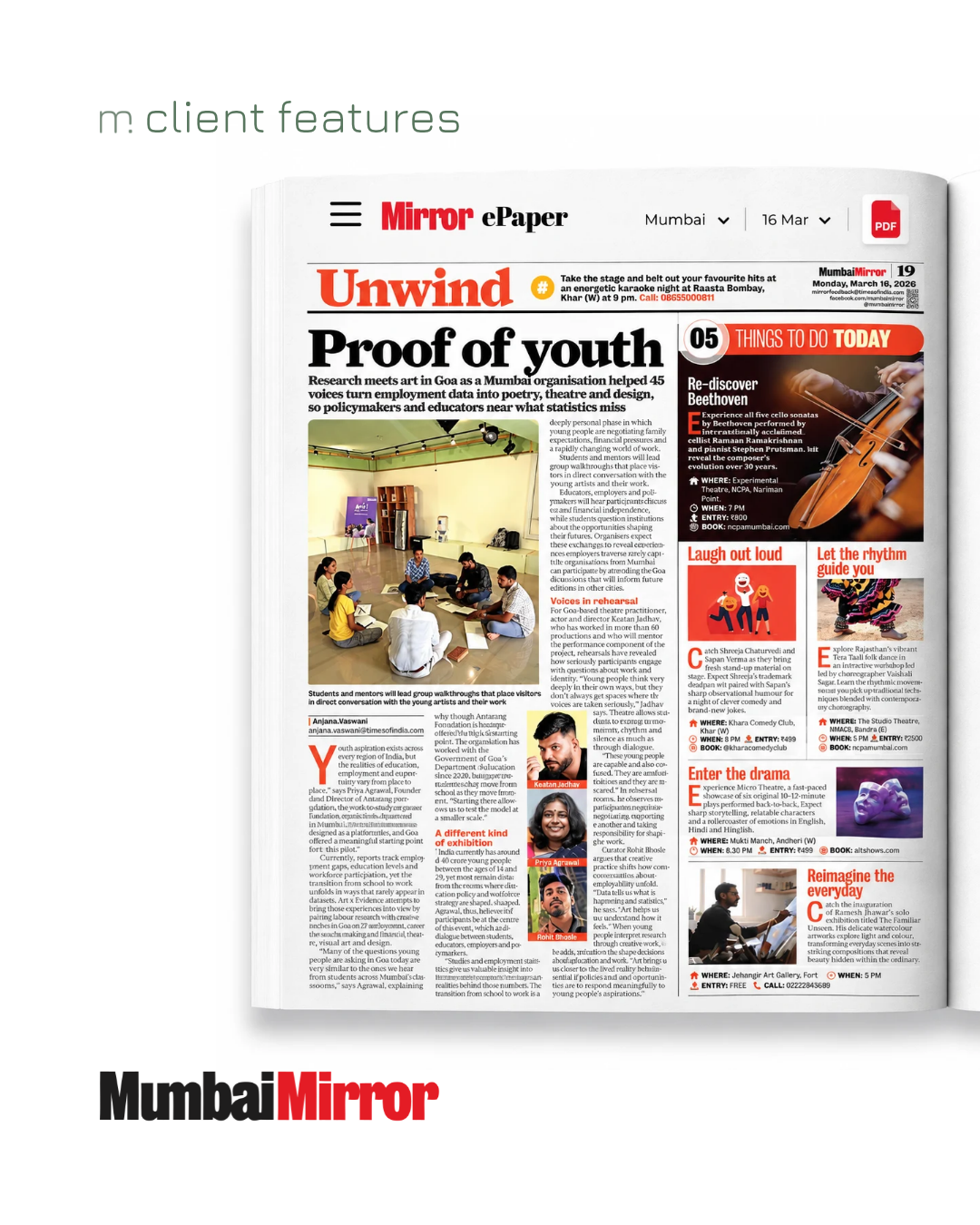 A page from the Mumbai Mirror newspaper, with headlines about youth and art in Goa, and various sections including entertainment and events, featuring images of people, a violin, and text boxes.