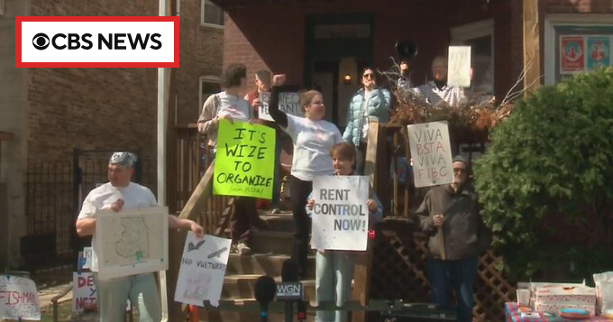 Tenants rally against rising rents after building in Chicago's Logan Square neighborhood goes up for sale