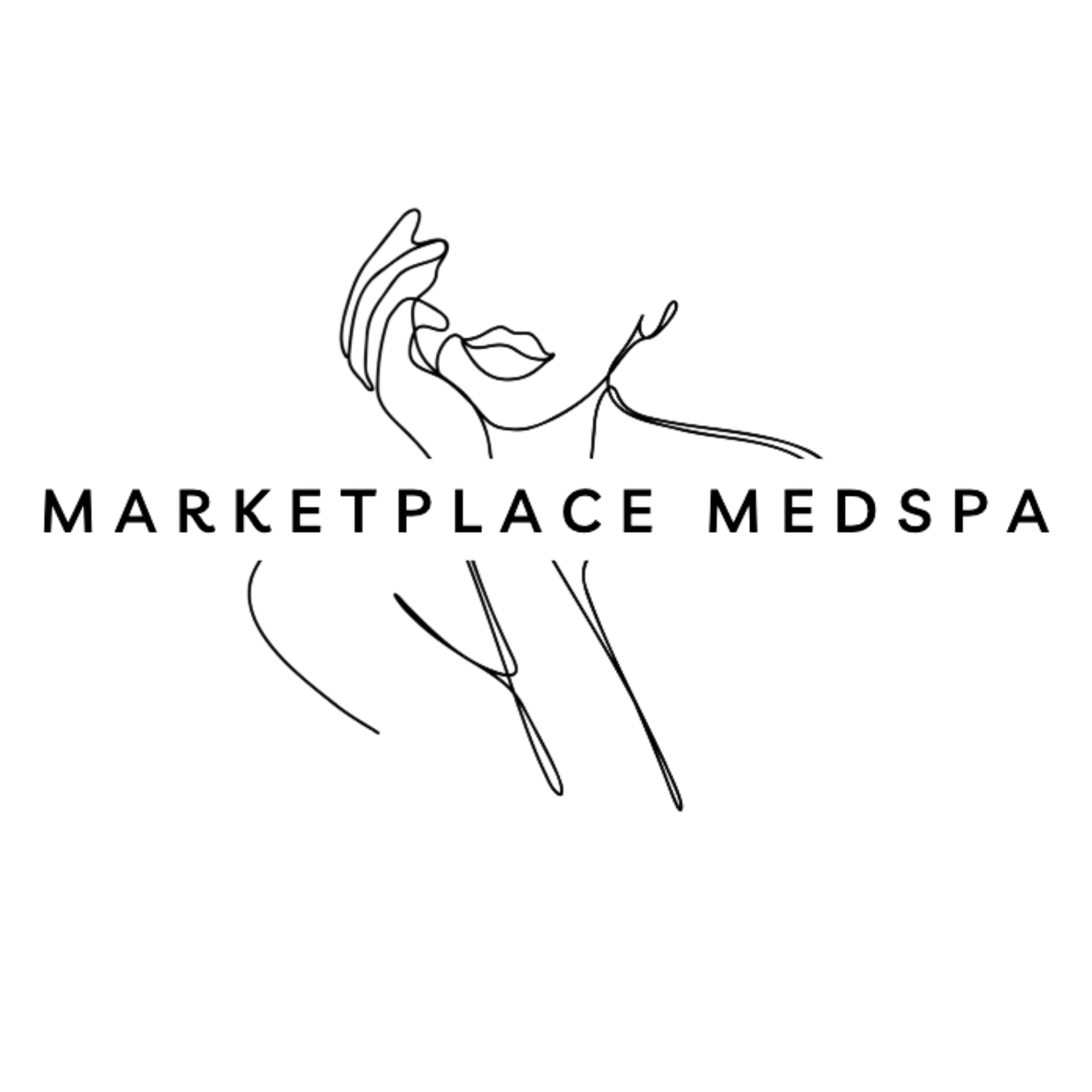 Line art of a woman with highlights, holding her chin with one hand, next to the text 'Market Place Med Spa'.