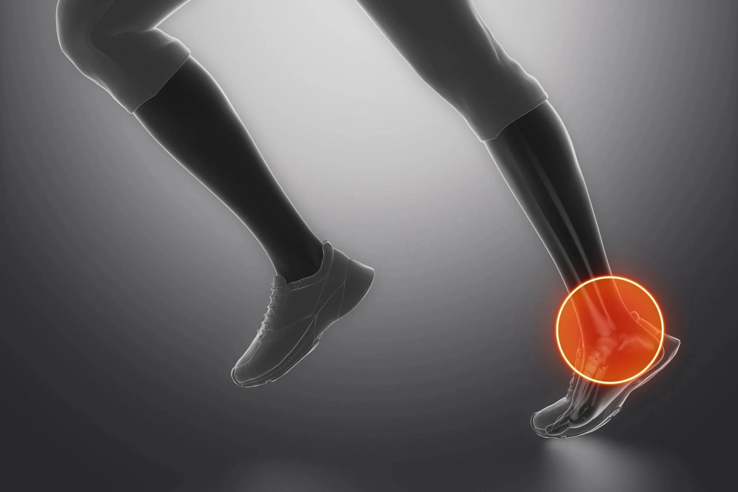 An illustration of a person's lower legs, with the right ankle highlighted in red and circled, indicating pain or injury.