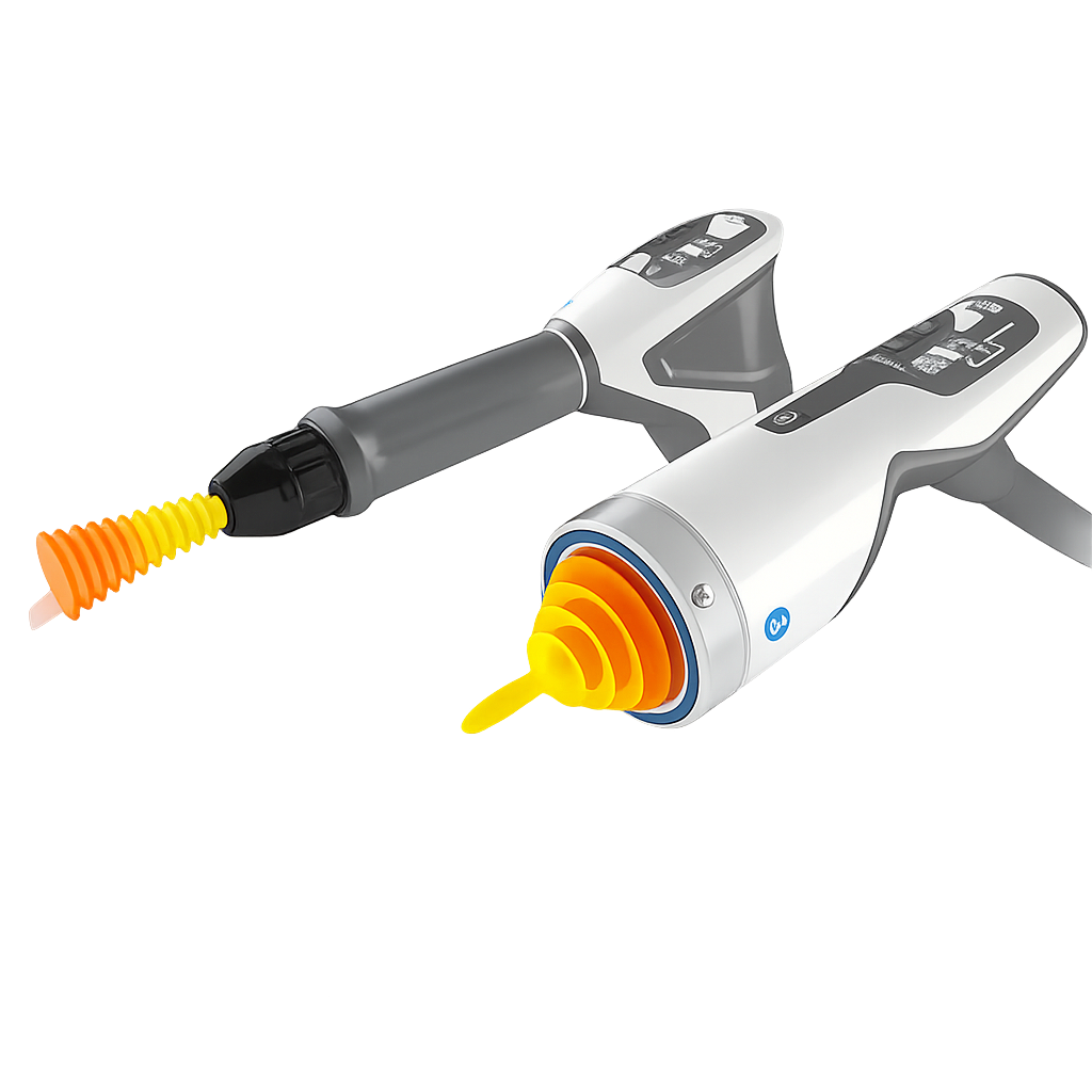 Two laser laser distance meters with orange and yellow silicone protective covers, one turned on and the other off, on a black background.