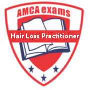 AMCA exams logo with a shield, open book, and stars, featuring the text 'Hair Loss Practitioner'.