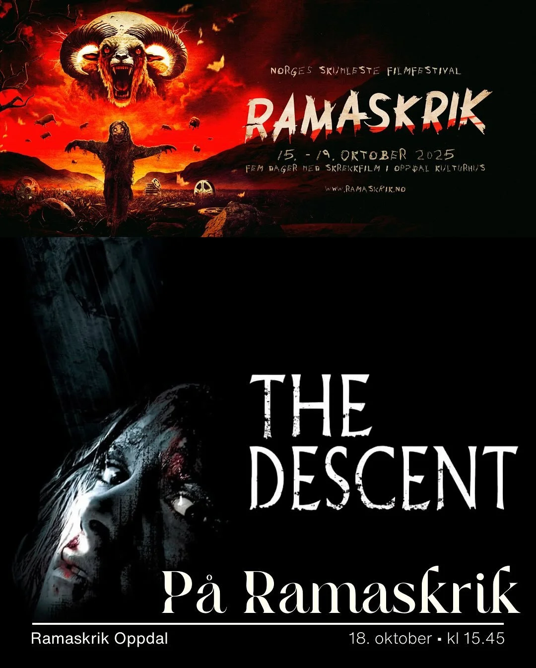 Vi viser The Descent i samarbeid med Ramaskrik 👻 Er du p&aring; Oppdal under festivalen m&aring; du f&aring; med deg denne visningen. B&aring;de vi og Ramaskrik har jubileum i &aring;r, og vi er s&aring; heldige &aring; ha f&aring;tt med regiss&osla