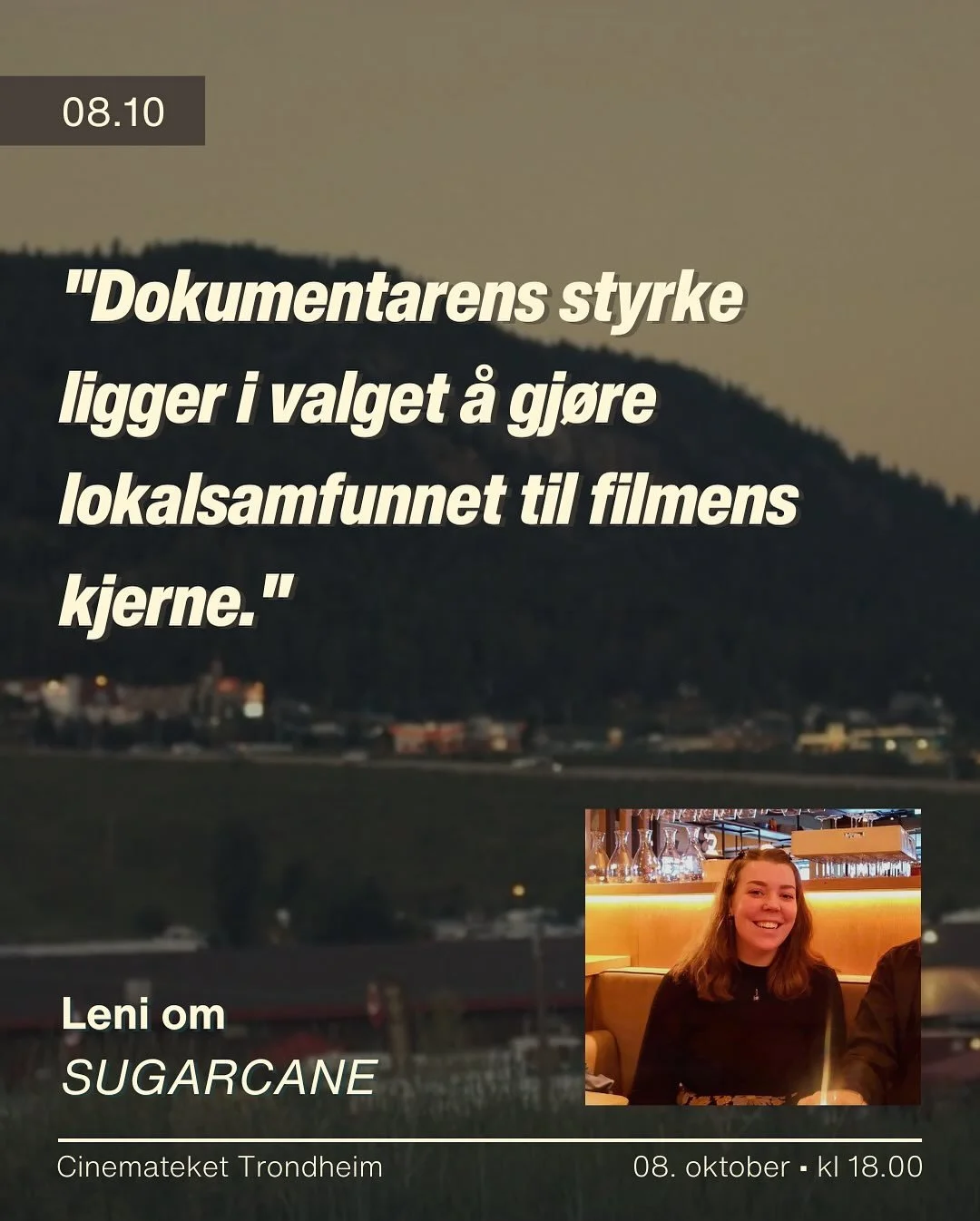 I morgen viser vi Sugarcane. Les hva Leni tenkte og f&oslash;lte da hun valgte denne filmen for programmet v&aring;rt 🎞️❤️