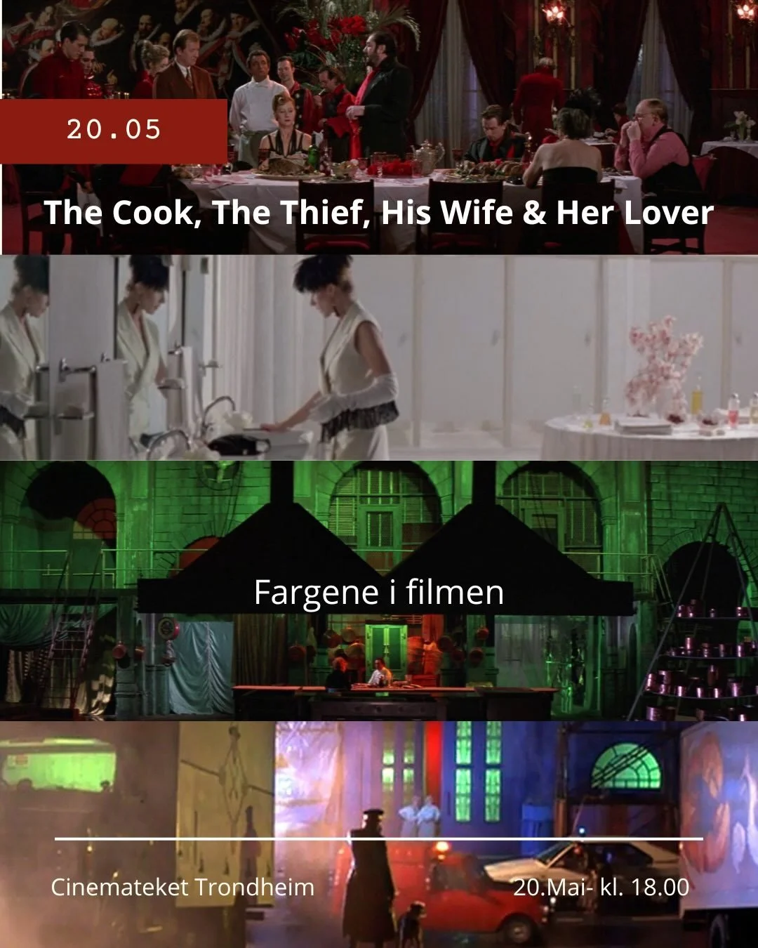 I kveld viser vi The Cook, The Thief, His Wife &amp; Her Lover🍷🍮🍽️ Det er enda noen billetter igjen til kveldens visning klokken 18.00. Velkommen til bords! 🧂🥨🍎