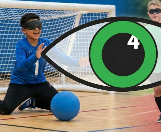 Two children playing blindfolded soccer indoors. One child, a goalkeeper, is crouching near a blue ball with a large eye graphic overlay labeled '4'.
