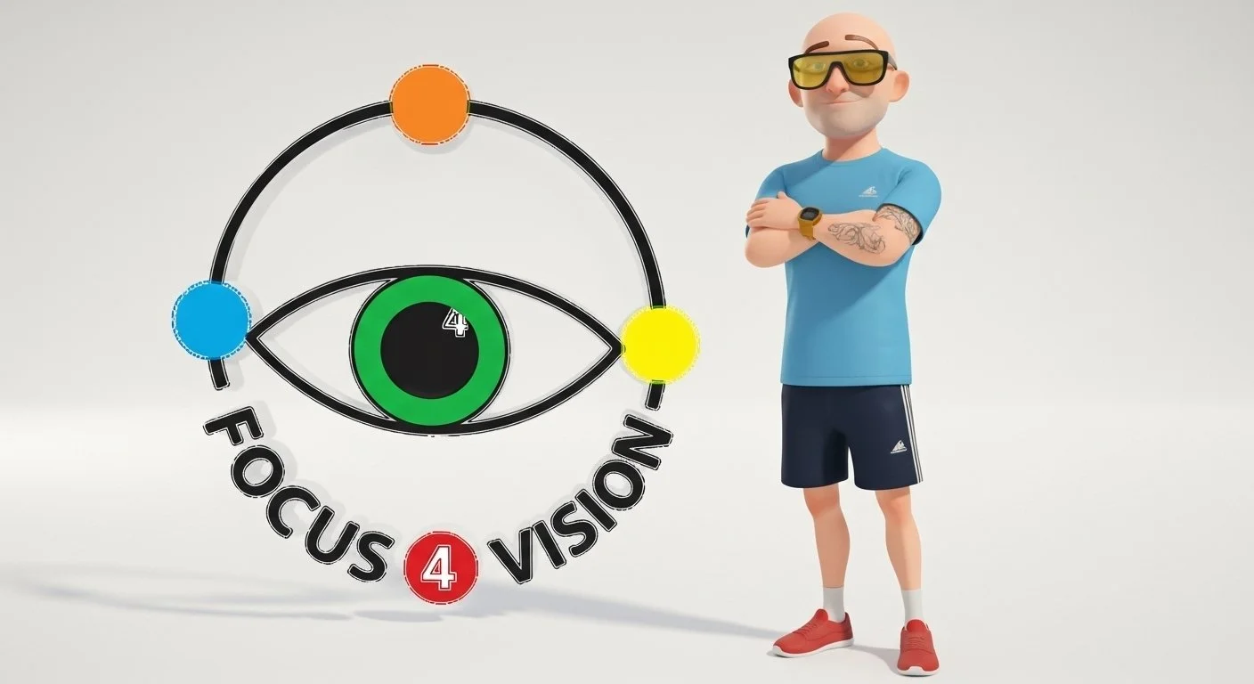 Animated man in sportswear standing with arms crossed next to a diagram of an eye, with colored circles and the words "Focus" and "Vision".