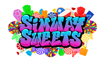 Colorful candies and sweets surrounding the stylized text 'SMAAXY SLEETS' in vibrant blue and purple letters.