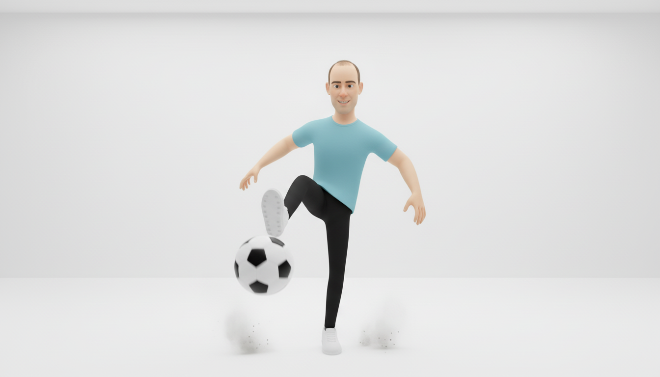 Animated man in a light blue t-shirt and black pants kicking a soccer ball in a white room.