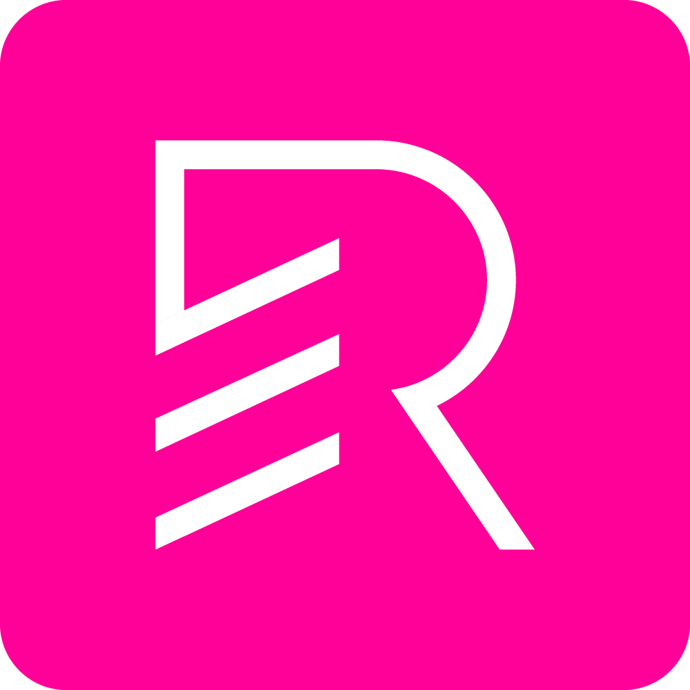 Pink background with a white stylized letter R and diagonal lines.