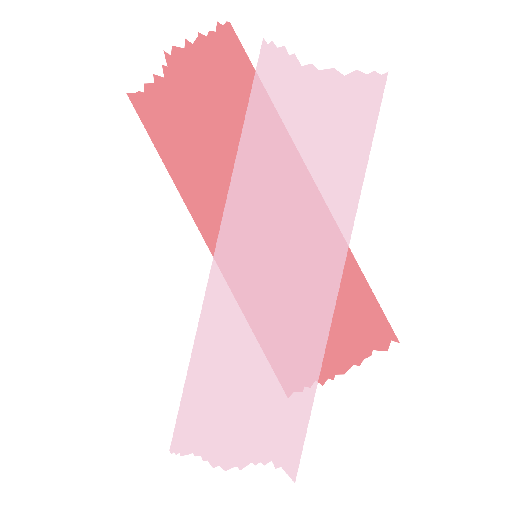 A striped ribbon with alternating pink and red diagonal sections with zigzag edges.