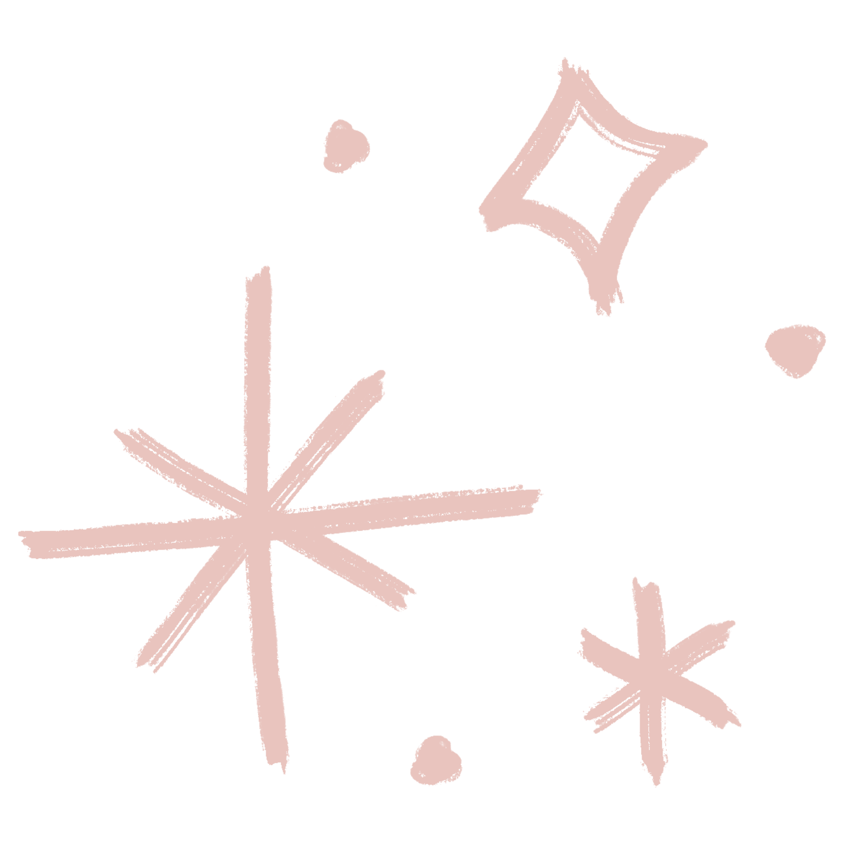 Stylized pink and beige doodles of stars, a balloon, and small dots on a black background.