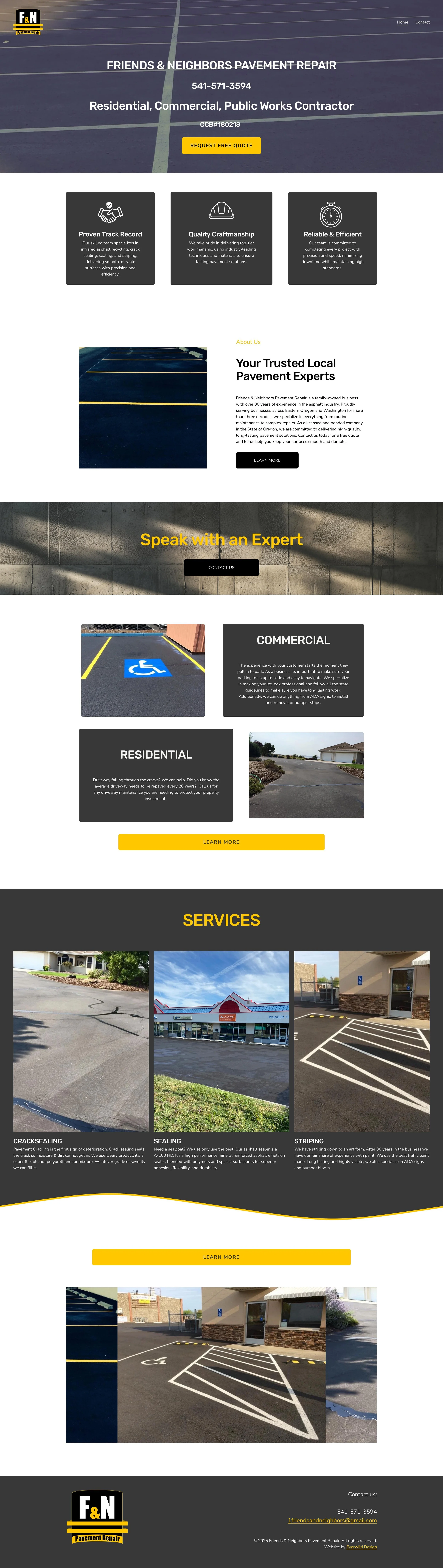 A website homepage for Friends & Neighbors Pavement Repair, offering residential, commercial, and public works pavement services. Features include company info, testimonials, service descriptions with images of parking lots, and contact details.