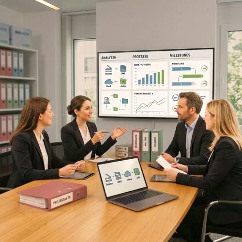 Vier Personen bei einer Geschäftsbesprechung in einem Büro, mit einem großen Bildschirm, der Diagramme und Grafiken zeigt.