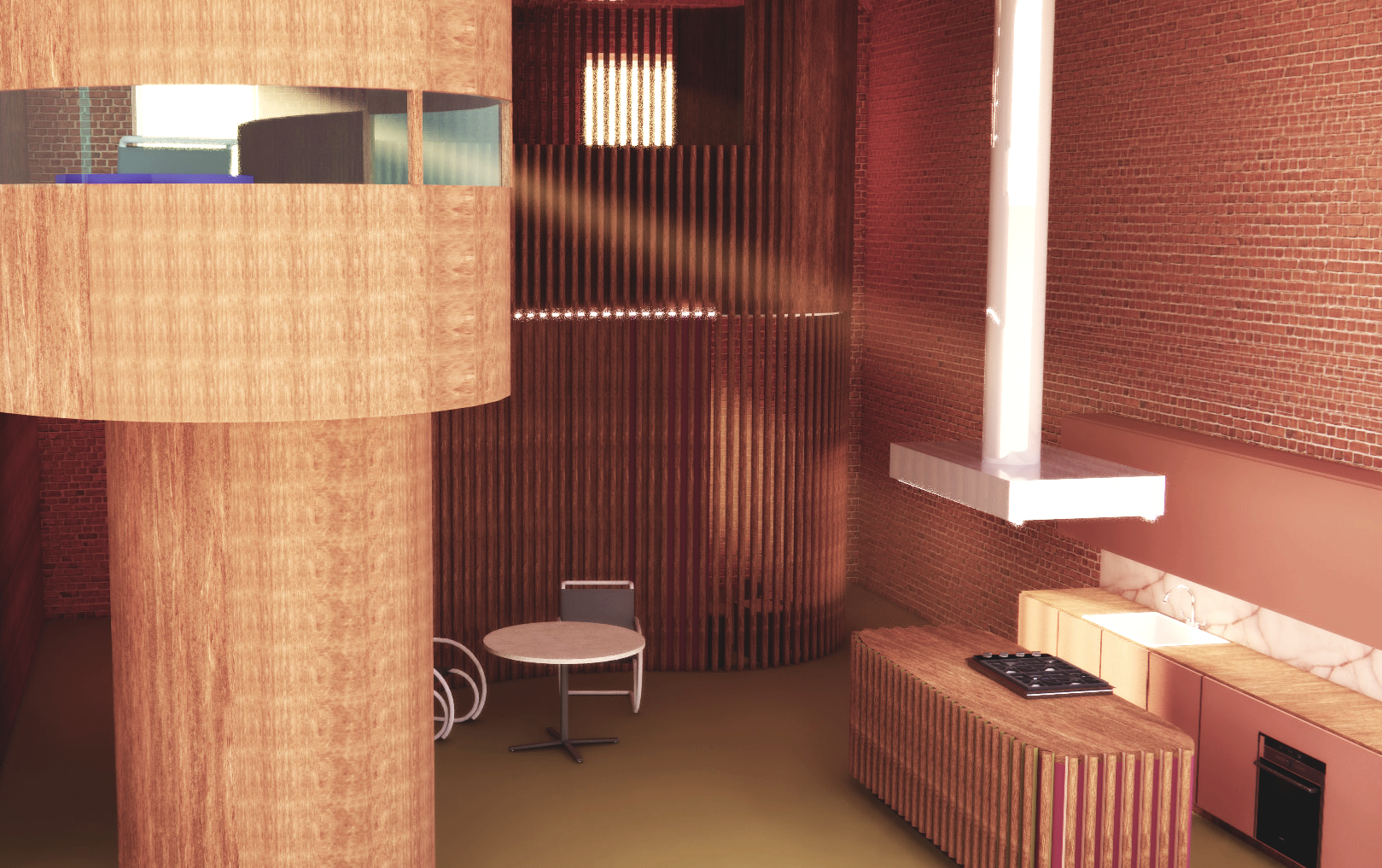 Interior view of a modern room with wooden and brick walls, a small round table with two chairs, a kitchen area with a stove, countertop, and sink, and a large vertical light. designed by effortless studio, Veronique leysen