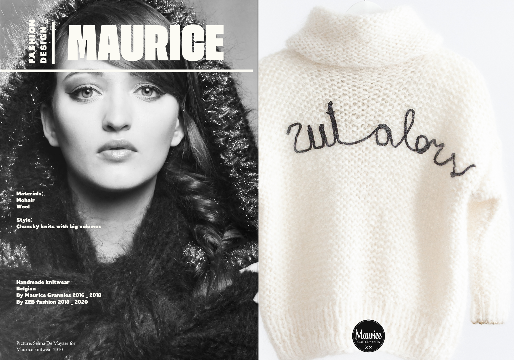 Magazine cover featuring a black-and-white portrait of a woman with big hair wearing a chunky black knit scarf on one side, and a cream-colored knit sweater with the word 'Maurice' embroidered . designed by effortless studio, Veronique leysen