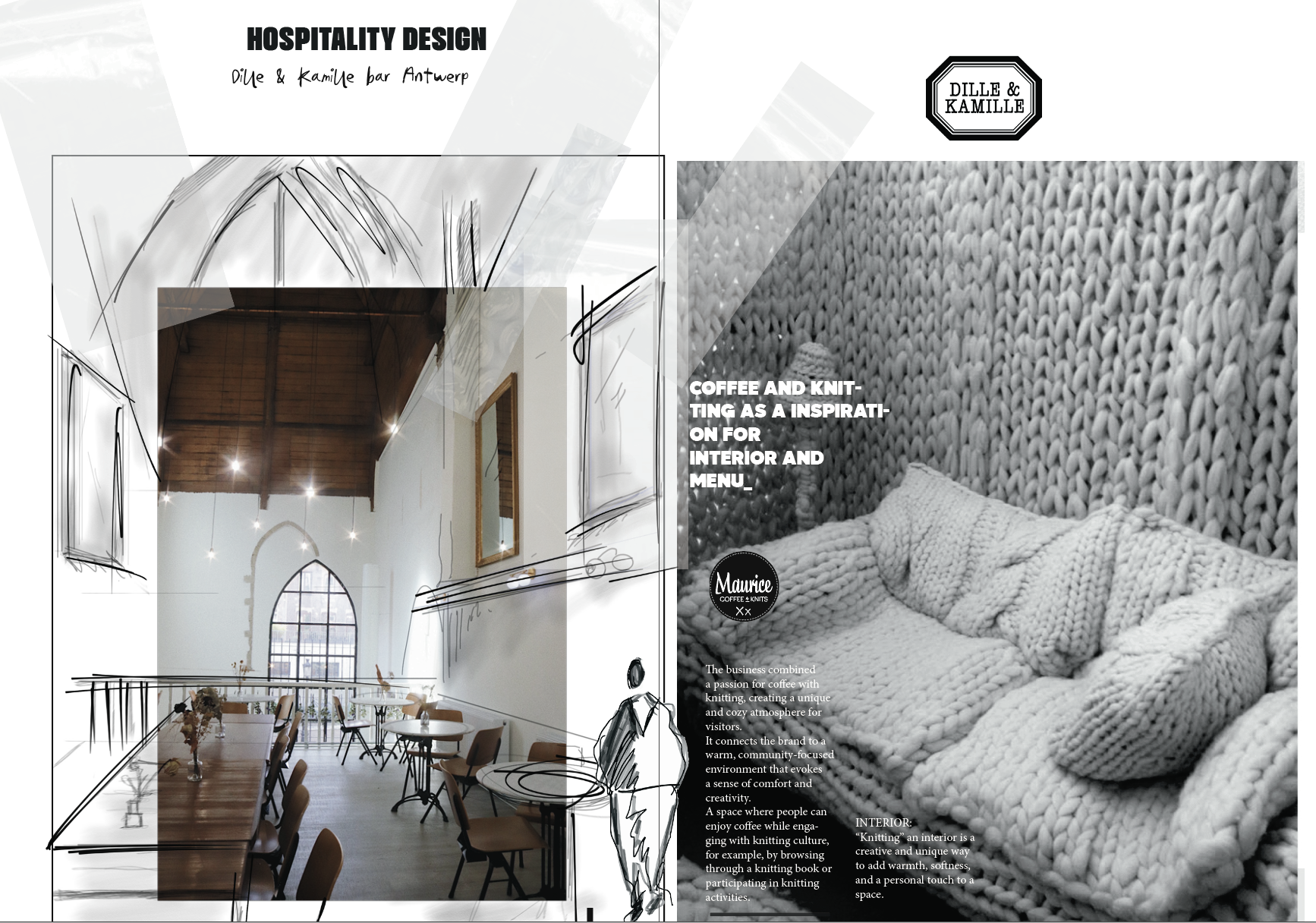 Draft design of a hospitality space with a sketch of an interior, showing a high ceiling, large window, and dining tables with chairs, coffee and knitting for interior inspiration and community engagement. designed by effortless studio, Veronique