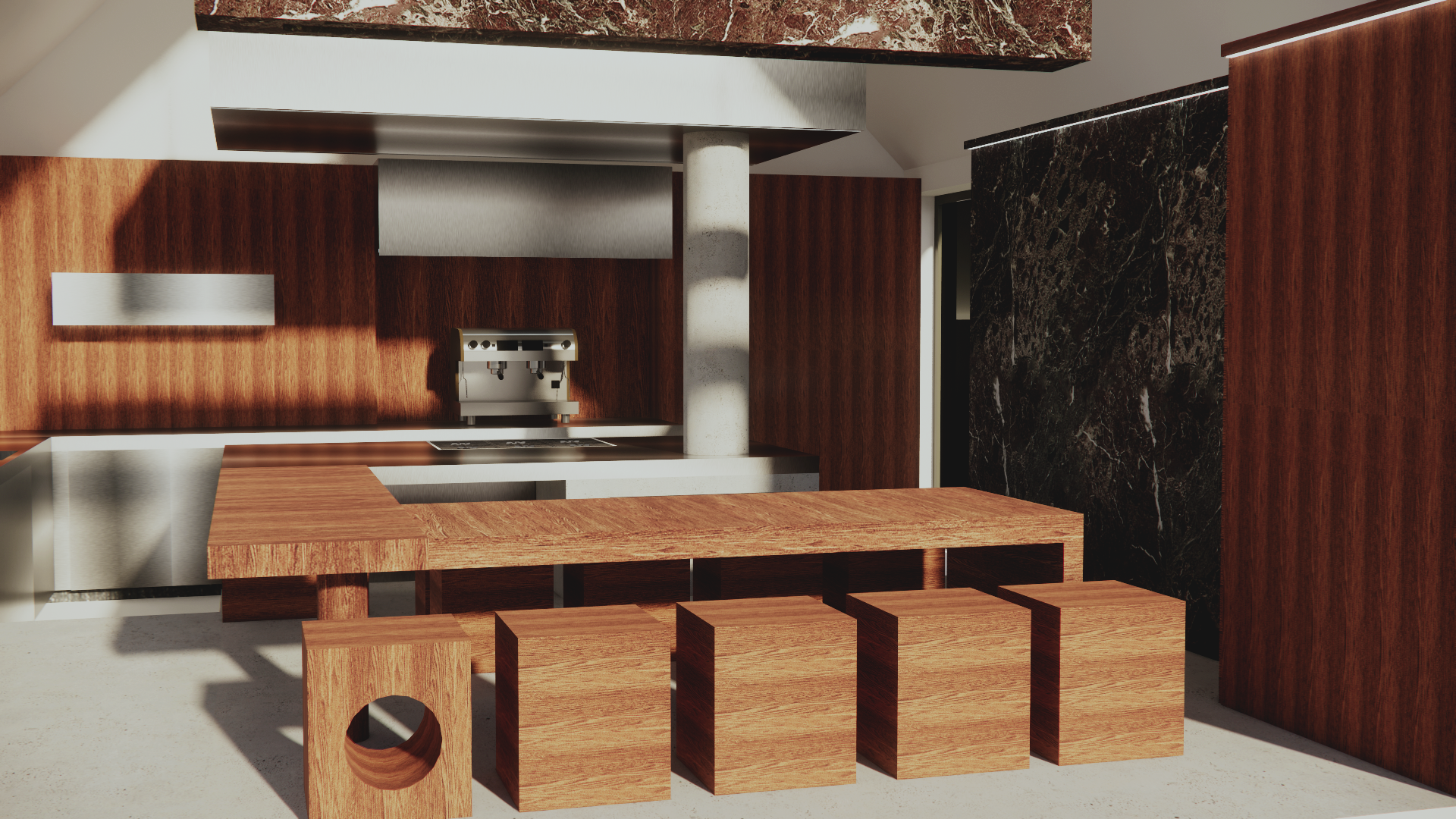 Modern kitchen with wooden cabinets, a marble countertop, and wooden stools around a kitchen island. designed by effortless studio, Veronique leysen