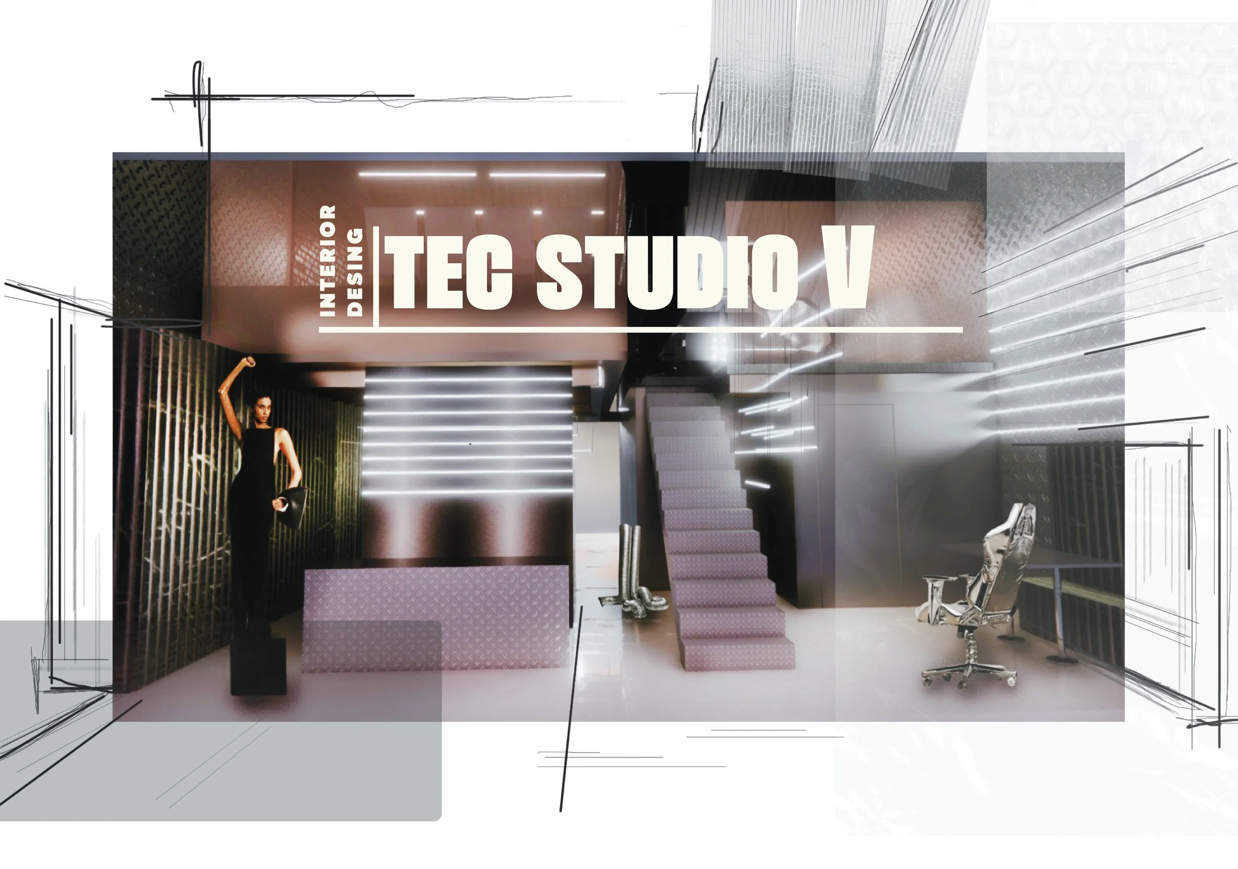 Interior design studio with a woman in a black dress, modern staircase, office chair, and large text reading 'Interior Design TEC Studio V'. designed by effortless studio, Veronique leysen