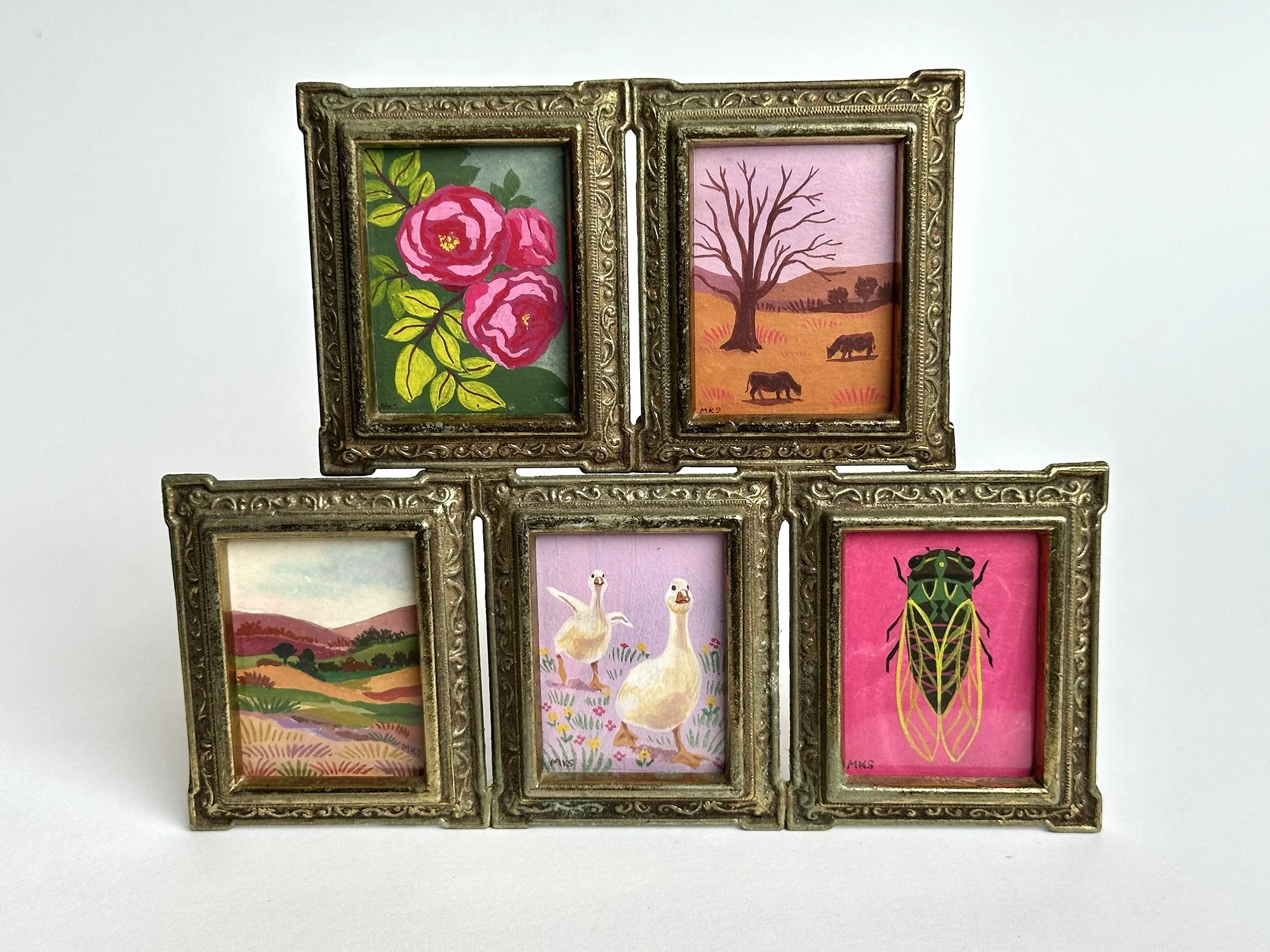 Miniature Kansas themed Pentaptych in freestanding brass frame.