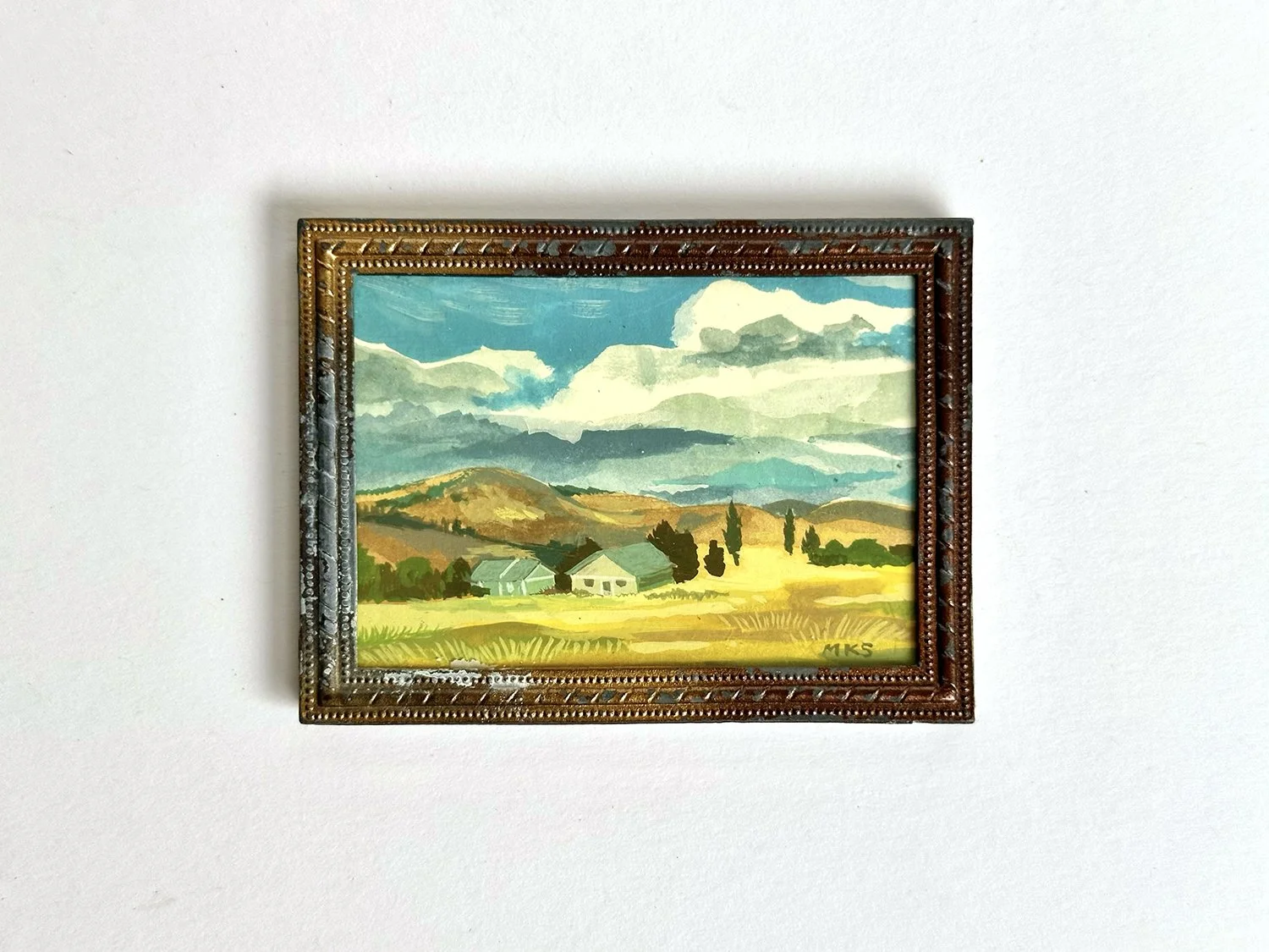 Miniature gouache Montana landscape.