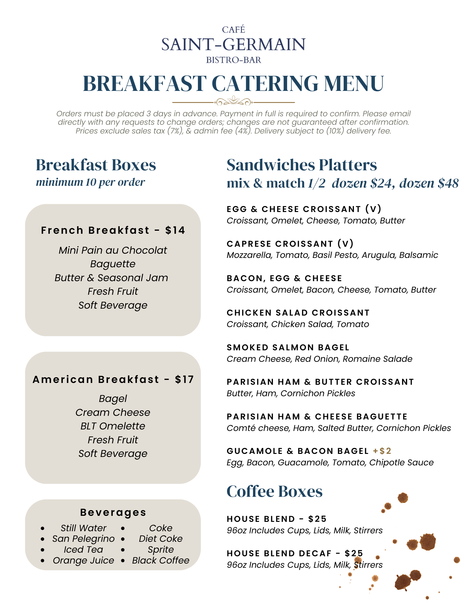 Breakfast catering menu from Café Saint-Germain featuring breakfast boxes, sandwiches platters, coffee box options, and beverages.