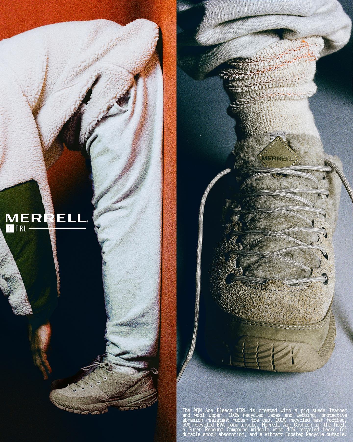 Close-up of a beige Merrell hiking boot paired with light-colored socks, with a person wearing layered outdoor clothing. The image highlights the boot and sock details.