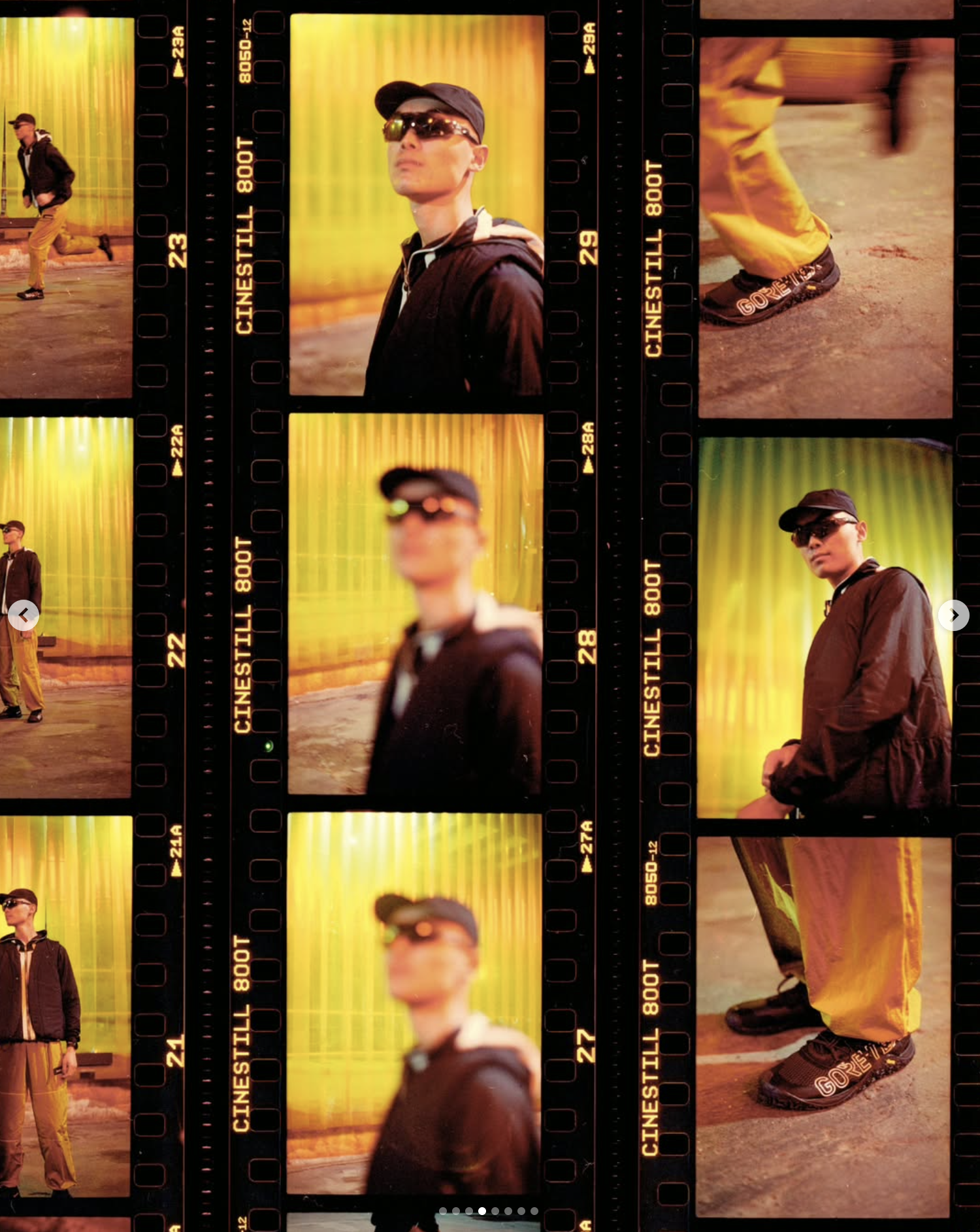 A film strip with multiple photos of a young man wearing sunglasses and a black cap, standing in front of a yellow curtain, with some images showing his full body in yellow pants and black shoes, while others focus on his face or feet.