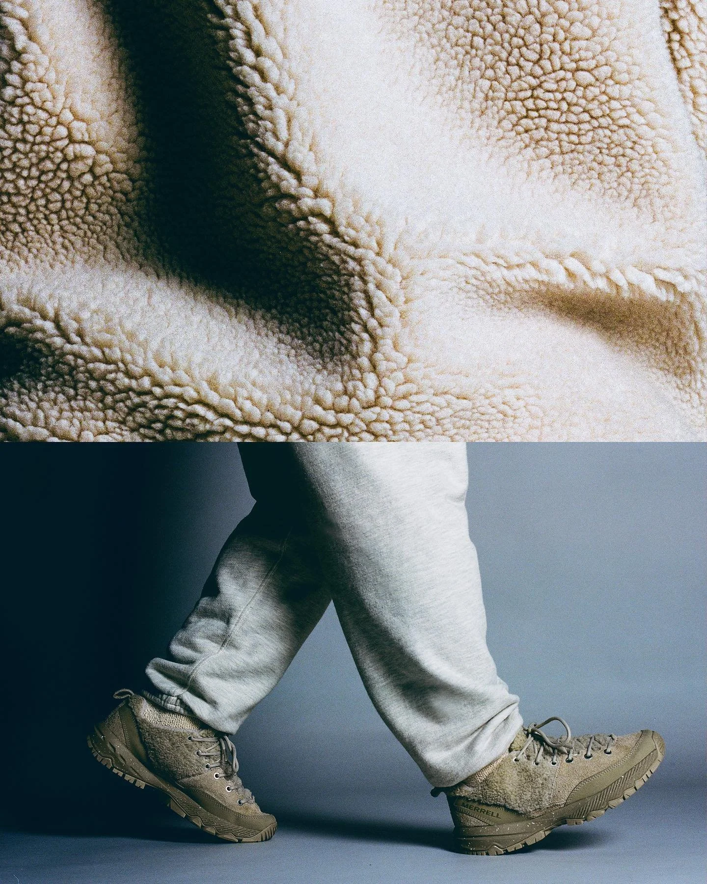 Close-up of beige fleece jacket fabric with textured pattern; person walking in beige hiking boots and light gray sweatpants against a gray background.