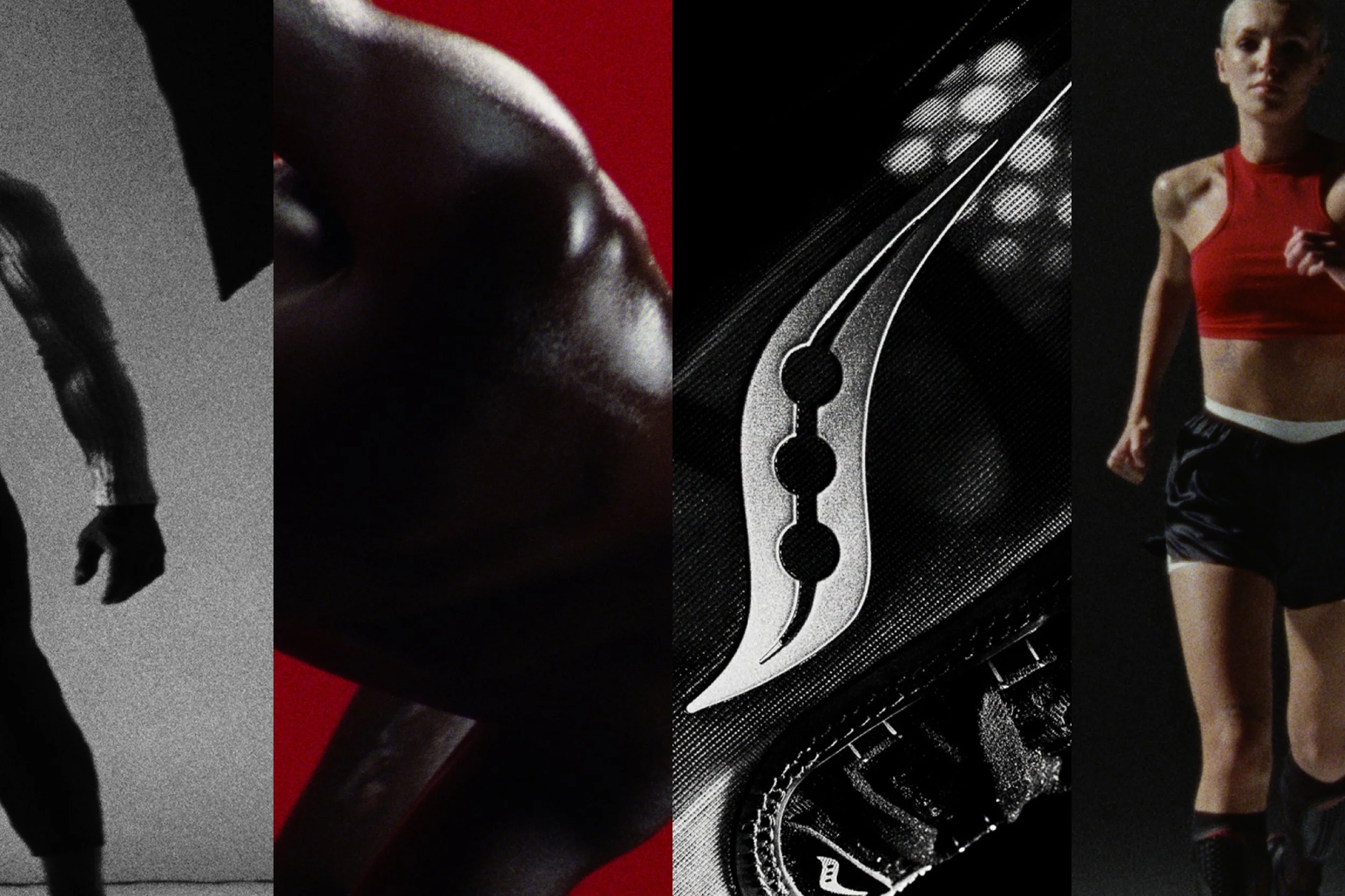 Collage of four images related to fitness and athleticism: a silhouette of a runner, close-up of a woman's face with intense expression, a macro footwear shot of a saucony logo, and a female athlete in workout attire.