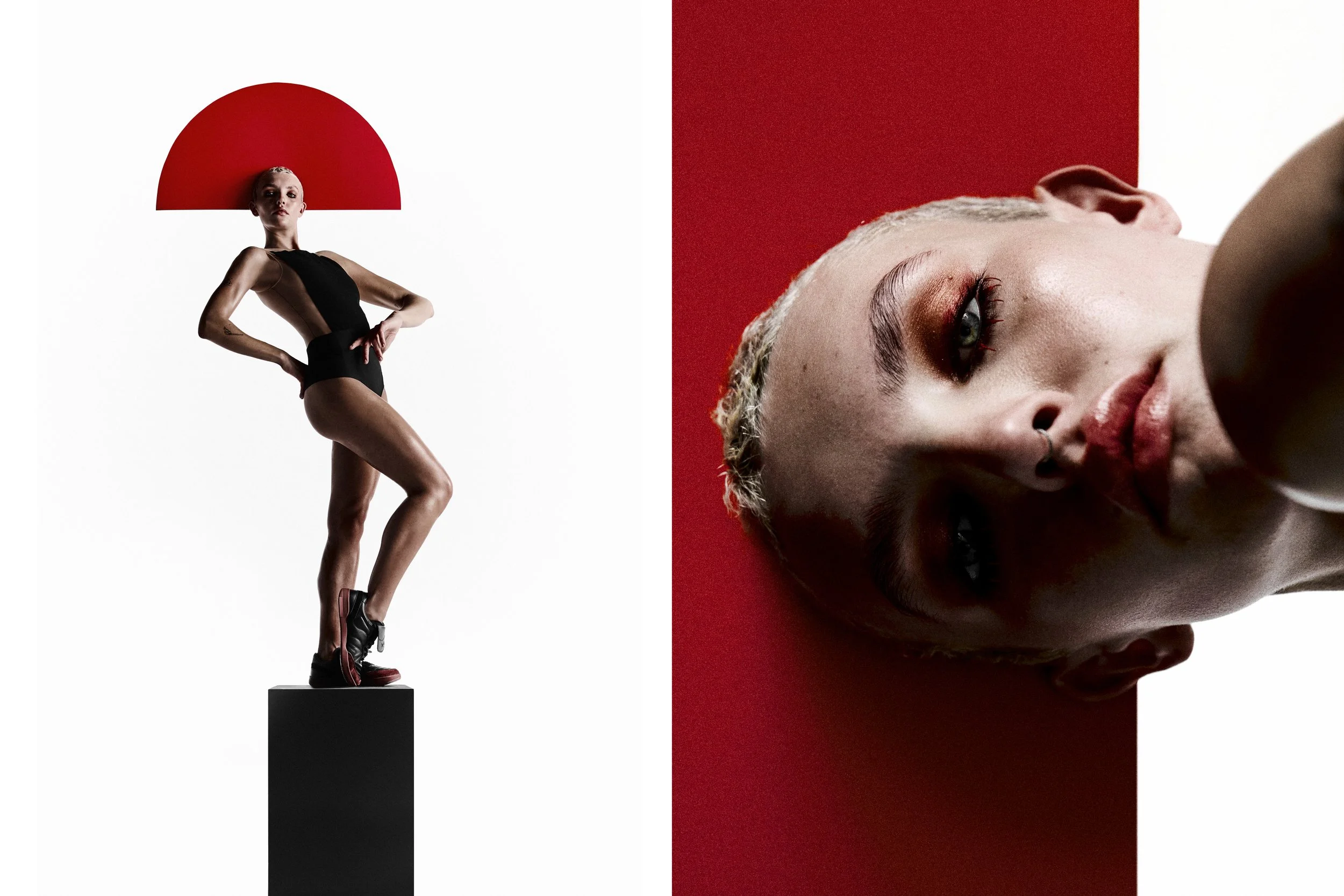 An athletic woman stands on a black pedestal against a white background, wearing a black bodysuit and red shoes, with a red semicircle above her head. To the right, a close-up of a woman with platinum blonde hair and bold makeup lies on a red surface