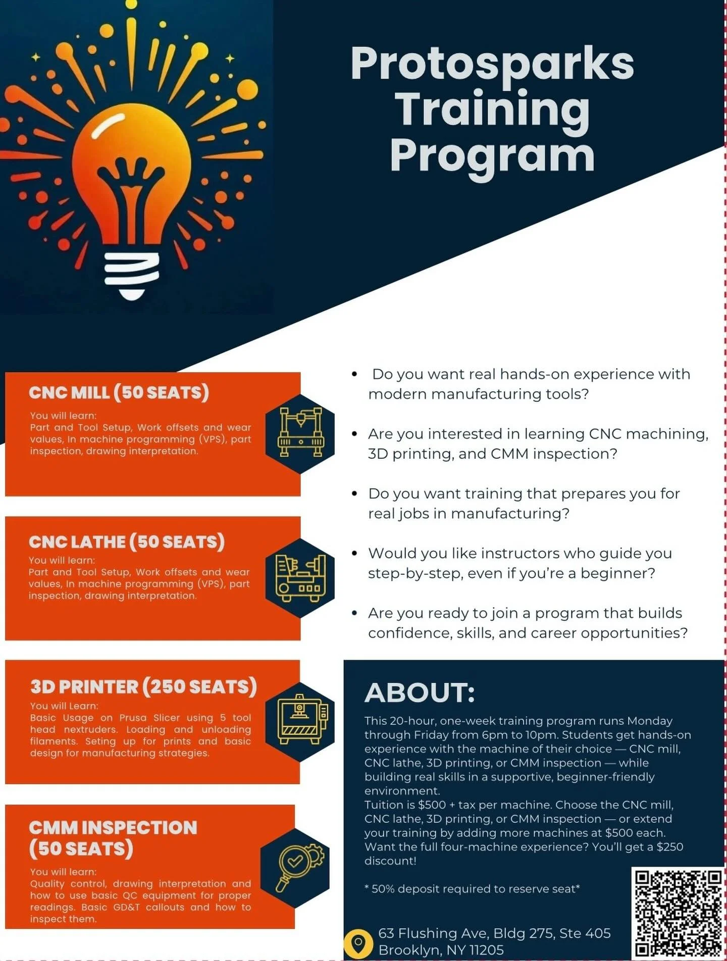 Training Program from Protospark covering the CNC Mill, CNC Lathe, 3Dprinter, and CMM. Sign up using the QR code!